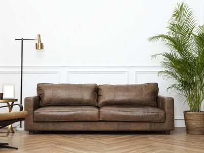Modern industrial luxury style living room interior with leather couch, golden lamp, and houseplants